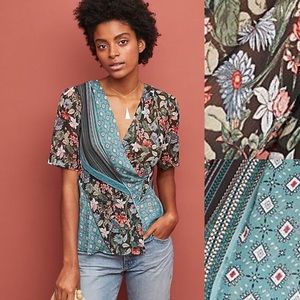 Anthropologie Tiny Lovely Patchwork Floral Blue Semi Sheer Wrap Top XS NWT